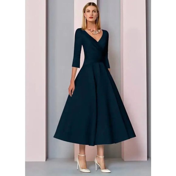 Lan Ting Dresses & Skirts - Lan Ting Bride V-Neck Quarter Sleeve Pleated A-Line Satin Tea Dress Navy Blue